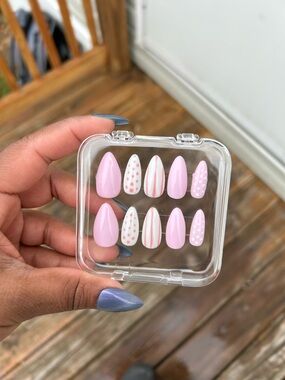 Pink Press-On Nail Set with Polka Dot & Stripe Accents